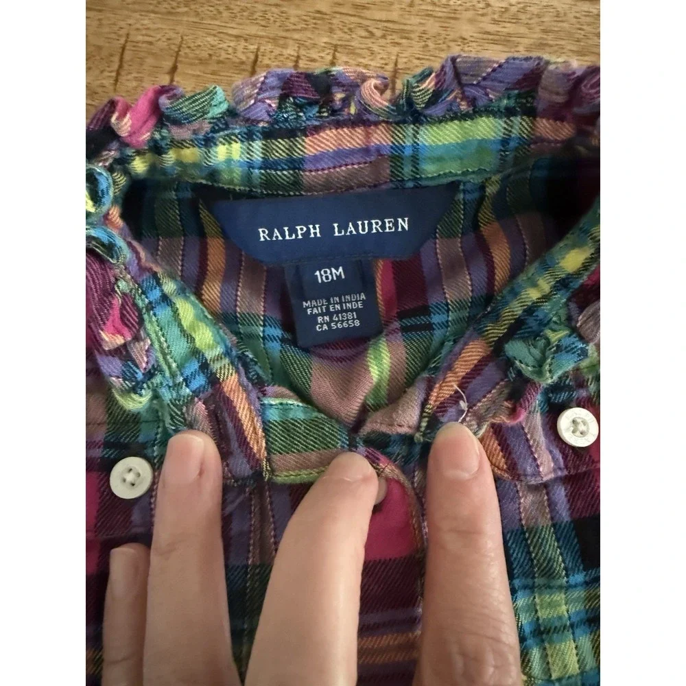 Ralph Lauren Baby Girls Plaid Dress 18M Multicolor Tiered Button Front Cotton